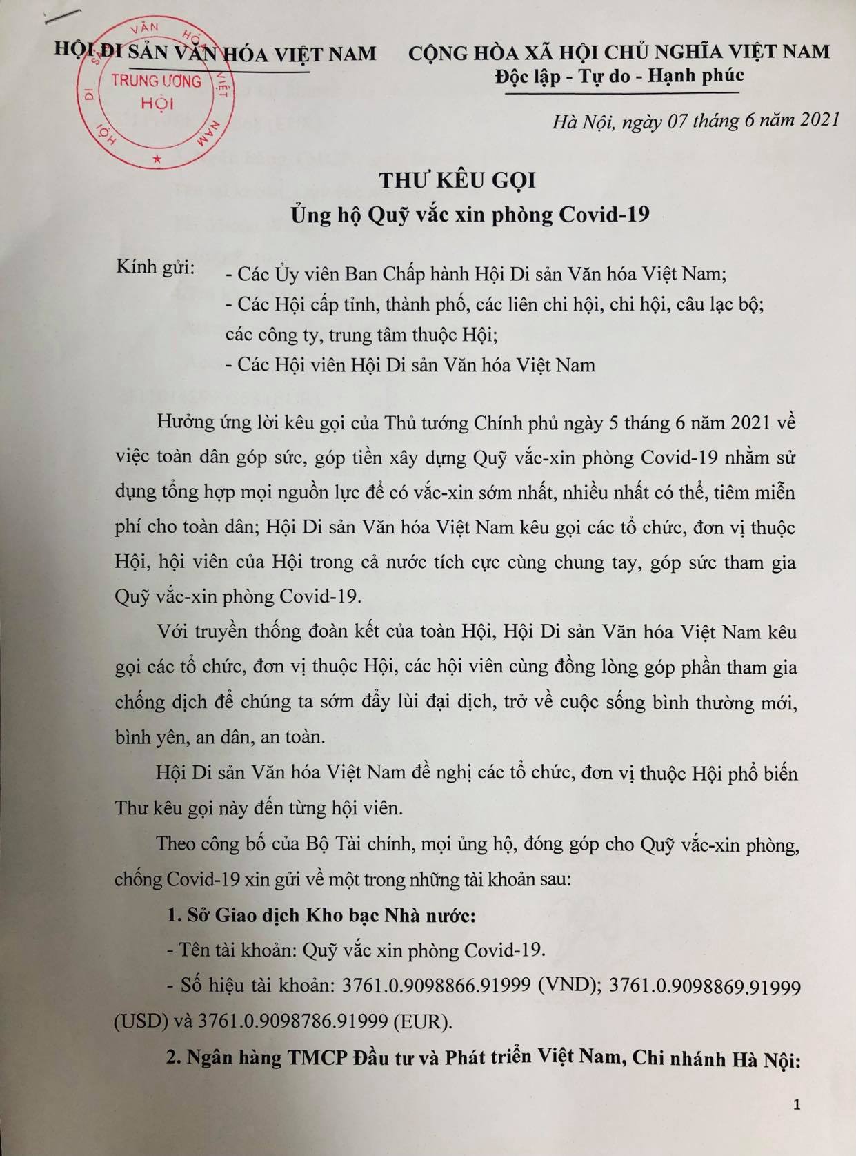 Hội Di sản Văn hóa Việt Nam kêu gọi các tổ chức, đơn vị, hội viên của Hội ủng hộ Quỹ vắc xin phòng Covid-19